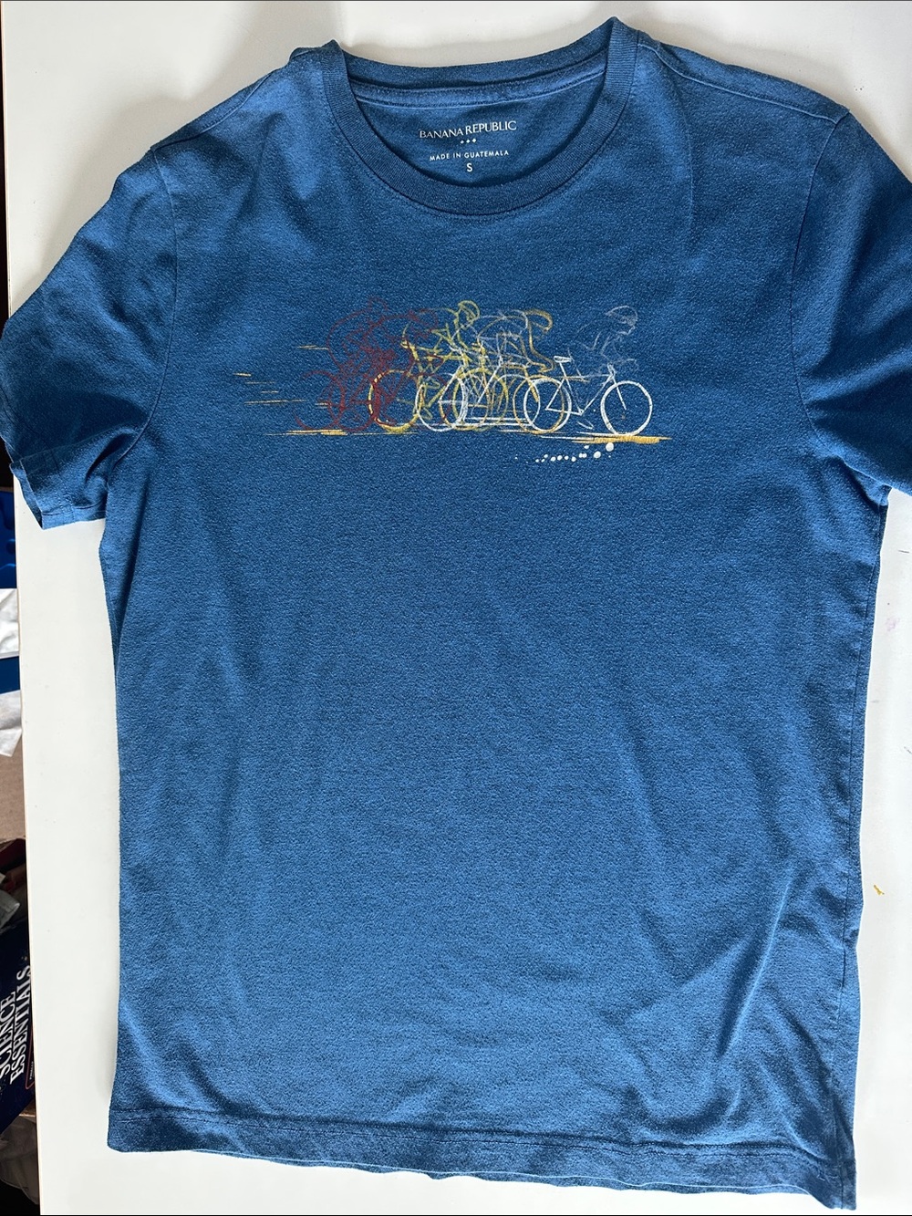 Banana Republic Blue Tee with Multi-Color Bicycle Graphic
